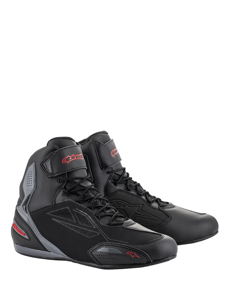 Alpinestars Faster-3 Drystar Riding Shoes, waterproof motorcycle shoes, men's, black and gray with red accents.