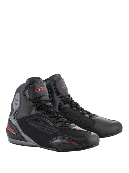 Alpinestars Faster-3 Drystar Riding Shoes, waterproof motorcycle shoes, men's, black and gray with red accents.