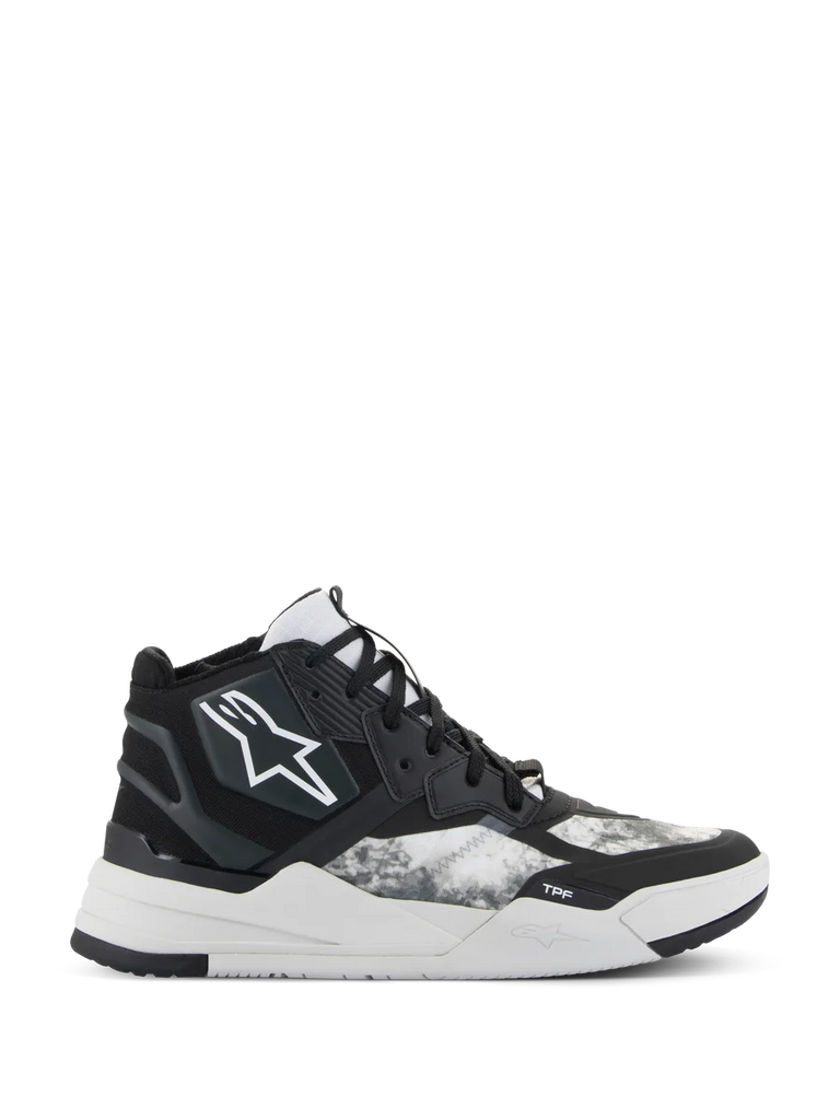 Alpinestars Speedflight Shoes, High-Top Performance Riding Sneakers, Black Gray and White, featuring a white star logo, textured ripstop pattern on side panels, and a thick white geometric sole with TPF branding