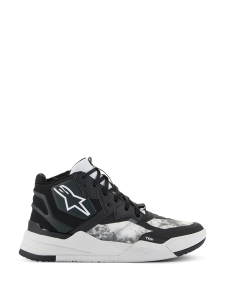 Alpinestars Speedflight Shoes, High-Top Performance Riding Sneakers, Black Gray and White, featuring a white star logo, textured ripstop pattern on side panels, and a thick white geometric sole with TPF branding