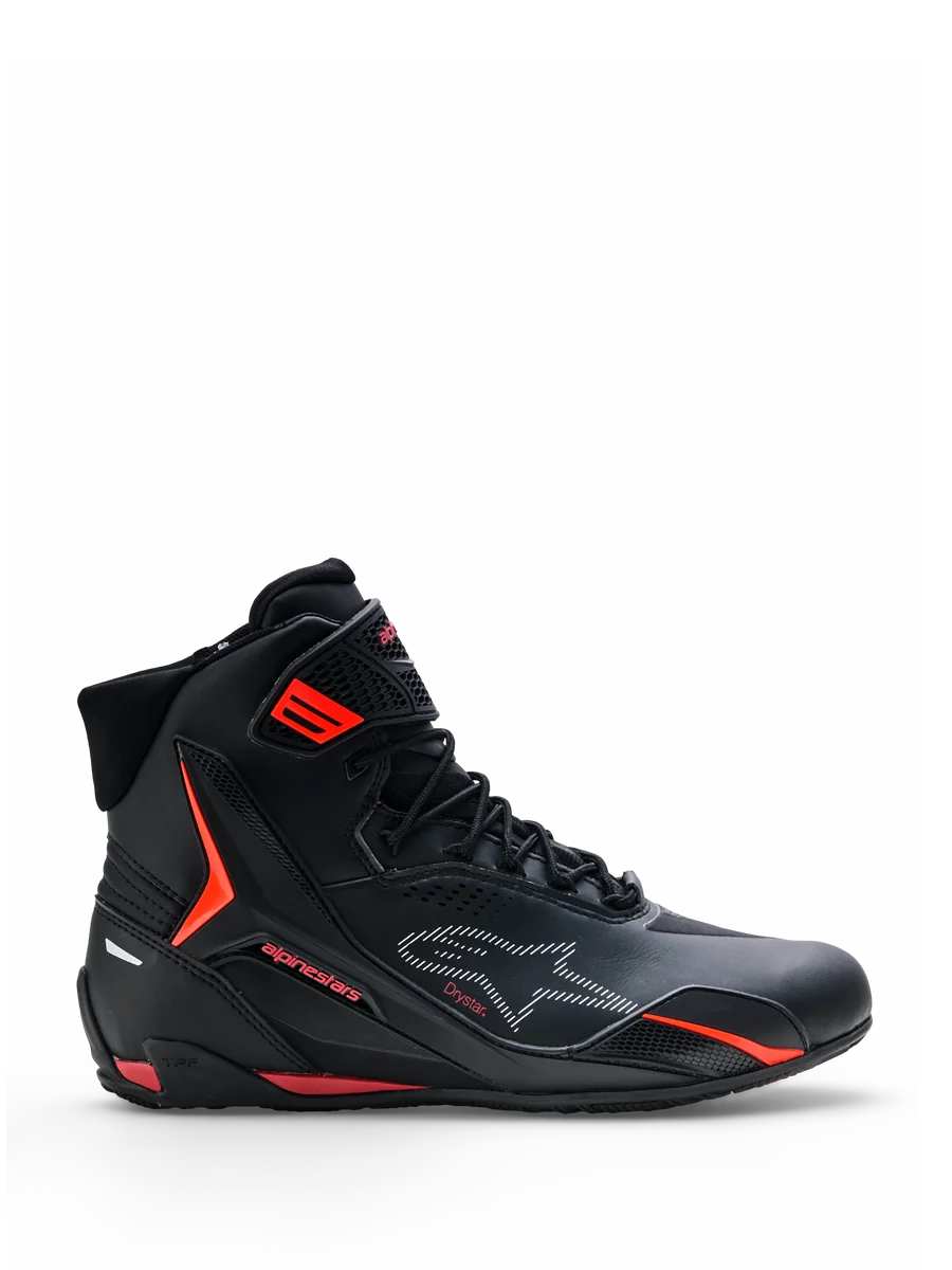 Alpinestars Faster-4 Drystar® Shoes, Motorcycle Riding Shoes, Black with Rio Red and Red Fluo accents, side profile view, high-top design with lace-up closure and ankle strap, sporty urban style