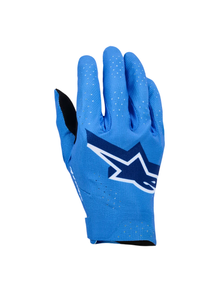 Alpinestars Supertech MX Gloves, Motocross Racing Gloves, Ucla Blue with Deep Blue and White accents, featuring a large star logo on the backhand, laser perforations for breathability, and a seamless ergonomic design for off-road riding.