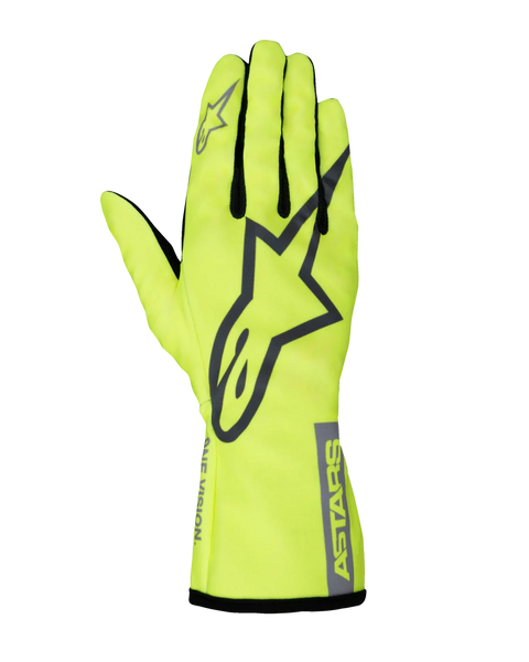 Alpinestars Tech-1 K Race V2 Pure Gloves, Karting Racing Gloves, Fluorescent Yellow and Gray, large star logo on the back, black finger gussets, high-visibility lightweight motorsport gear