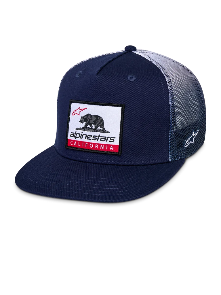 Alpinestars Cali Gradient Trucker Hat, Snapback Cap, Navy Blue and White, featuring a flat bill, California bear woven patch on front, gradient poly mesh back, and side Astars logo embroidery