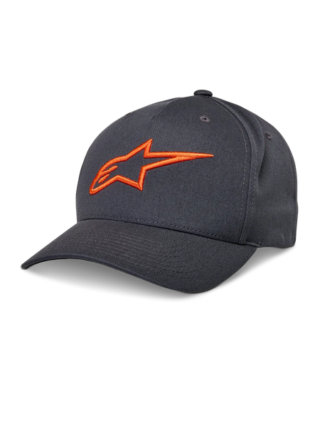 Alpinestars Ageless Snapback Hat, Dark Gray Baseball Cap, Orange Embroidered Star Logo, Structured Crown with Vent Holes, Curved Brim