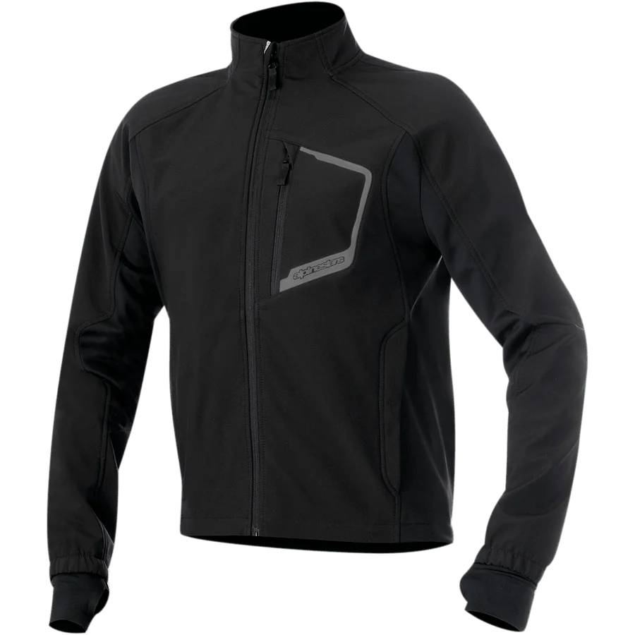 Alpinestars Tech Layer Top, Black Motorcycle Base Layer Jacket, Long Sleeves with seamless Lycra cuffs and thumb loops, High Collar, Vertical zippered chest pocket with reflective gray border and Alpinestars branding, Full-length front zipper, Technical windproof fabric