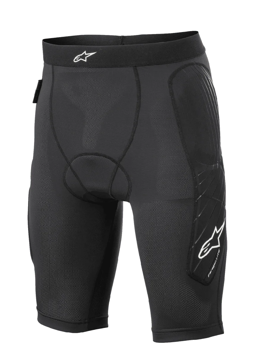 Alpinestars Paragon Lite Protection Shorts, MTB Protective Shorts, Black, lightweight breathable mesh construction with perforated fabric, hip and side leg padding, white star logo on waistband and leg, compression-style fit for off-road cycling