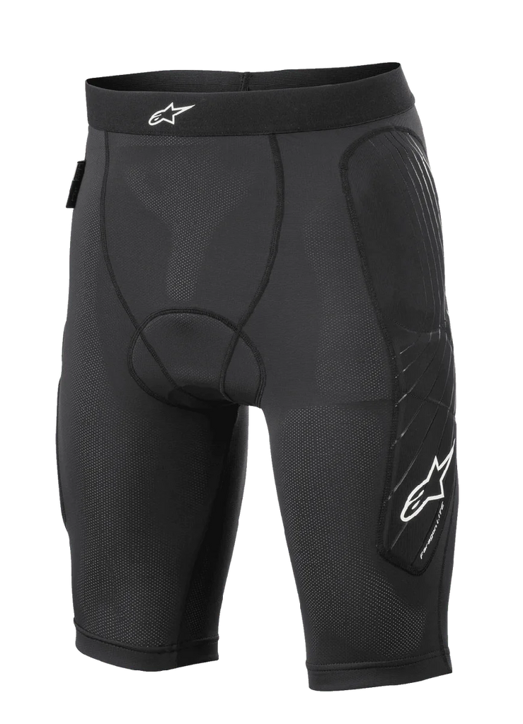 Alpinestars Paragon Lite Protection Shorts, MTB Protective Shorts, Black, lightweight breathable mesh construction with perforated fabric, hip and side leg padding, white star logo on waistband and leg, compression-style fit for off-road cycling
