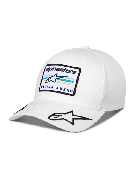 Alpinestars Surpass Hat, White curved bill baseball cap, structured crown, features front embroidered patch with Astars logo and 'RACING AHEAD' text, additional star logo on the bill, casual motorsport-inspired headwear