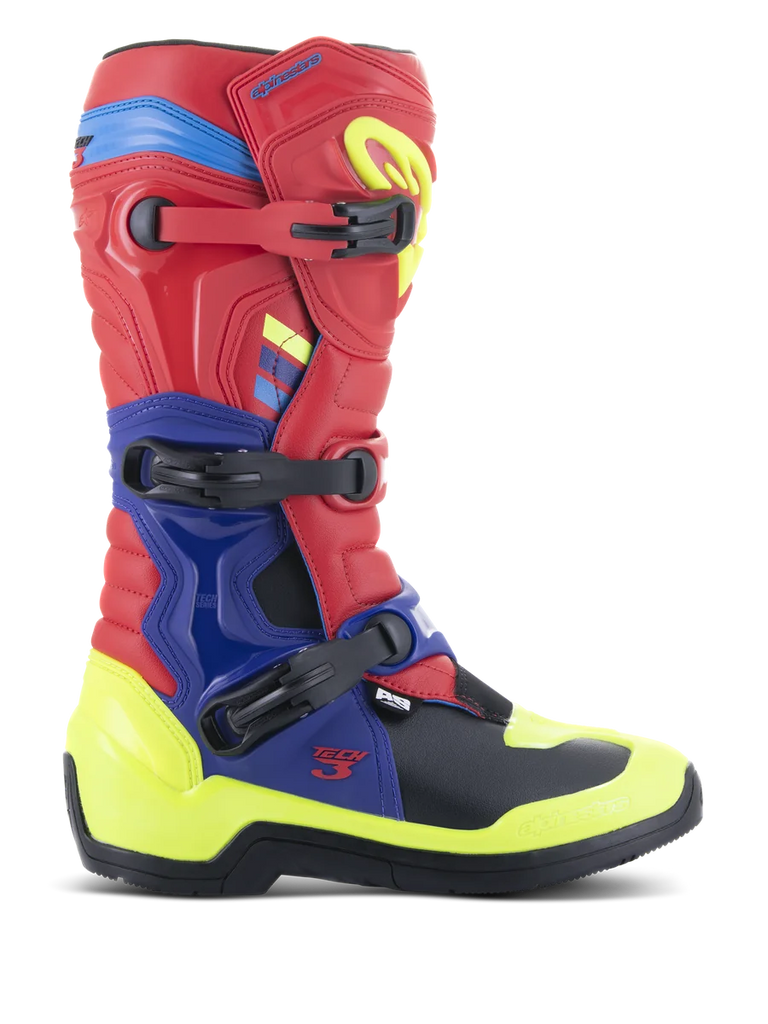 Alpinestars Tech 3 Boots, Motocross Boots, Bright Red, Dark Blue, and Yellow Fluo, featuring a triple buckle closure system, TPU protection plates, and vibrant neon accents, durable microfiber construction for off-road riding