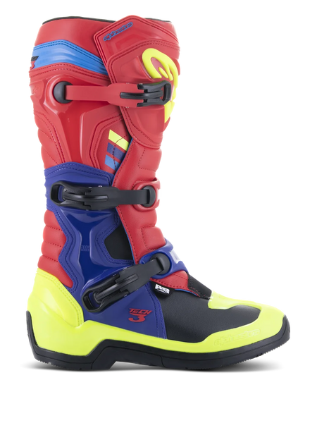 Alpinestars Tech 3 Boots, Motocross Boots, Bright Red, Dark Blue, and Yellow Fluo, featuring a triple buckle closure system, TPU protection plates, and vibrant neon accents, durable microfiber construction for off-road riding