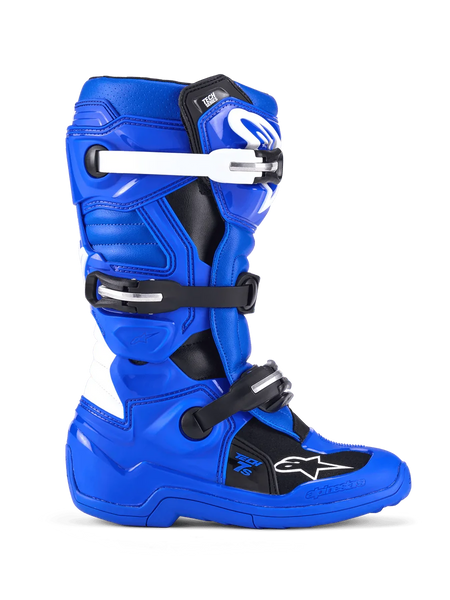 Alpinestars Youth Tech 7 S Boots, Motocross Boots, Blue Black and White, side view showing PU-reinforced microfiber upper, four-buckle closure system with white and black straps, TPU shin plate, and Alpinestars logo, protective off-road footwear for youth riders