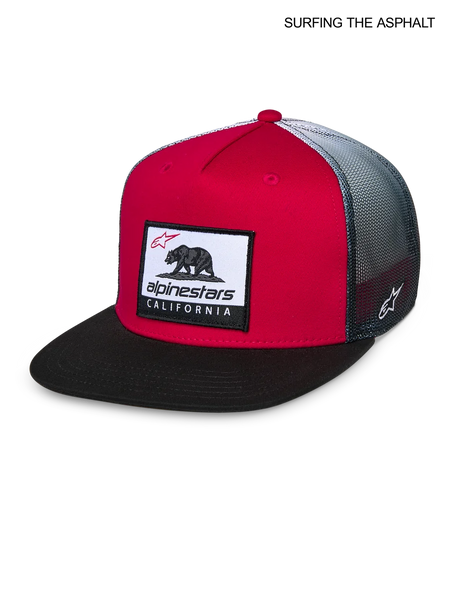 Alpinestars Cali Gradient Trucker Hat, flat bill snapback cap, red, black, and white, featuring a front Cali Bear woven logo patch and breathable mesh back