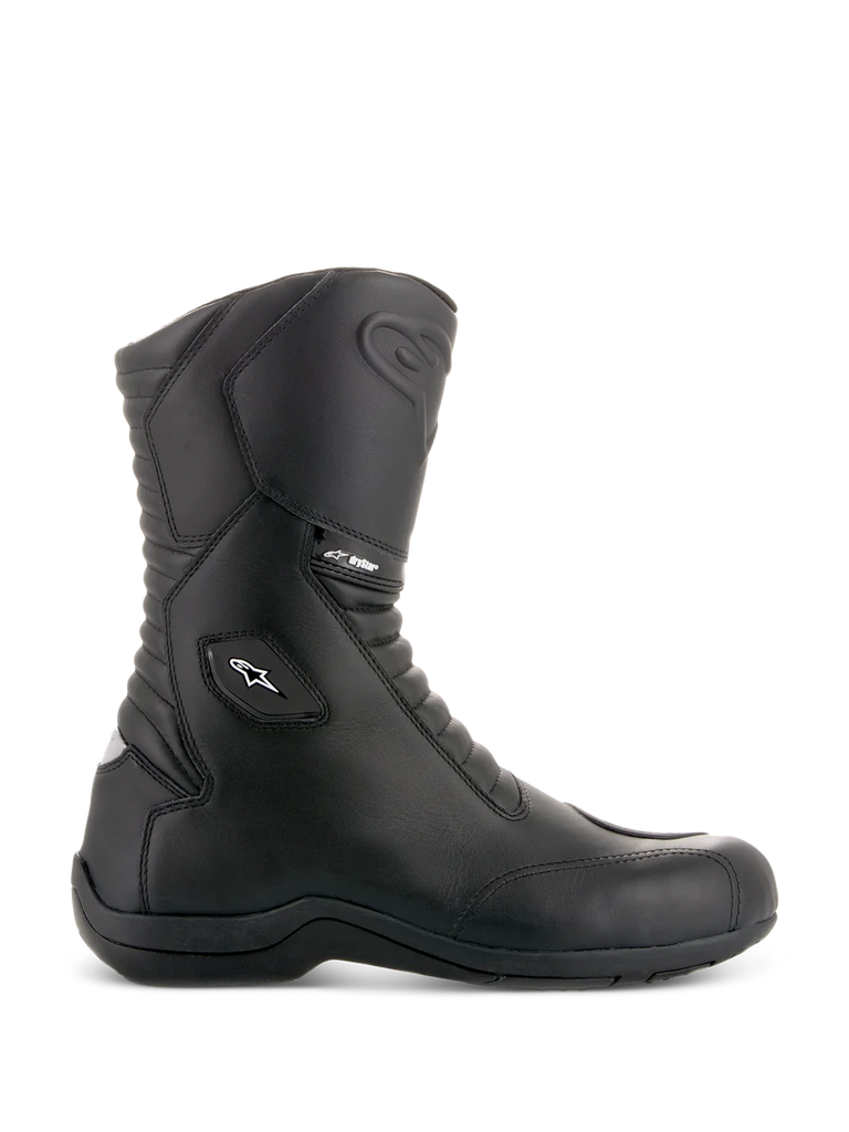 Alpinestars Andes V2 Drystar Boots, Black Motorcycle Touring Boots, High Shaft Design, Waterproof Leather Construction, Front and Rear Accordion Flex Panels, White Star Logo and Drystar Branding, Sturdy Black Sole, Protective Reinforced Ankle and Toe