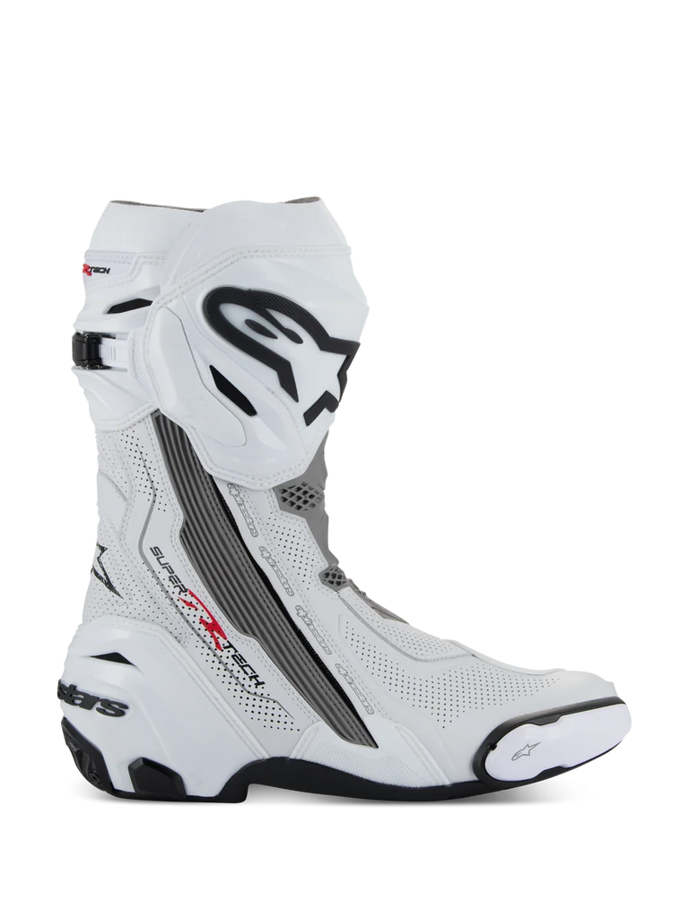 Alpinestars Supertech R Vented Boots, Motorcycle Racing Boots, White with Mid Gray and Black accents, side profile view showing perforated microfiber panels for airflow, large black and white Alpinestars logo on the shin, aerodynamic design with replaceable sliders and black rubber sole.