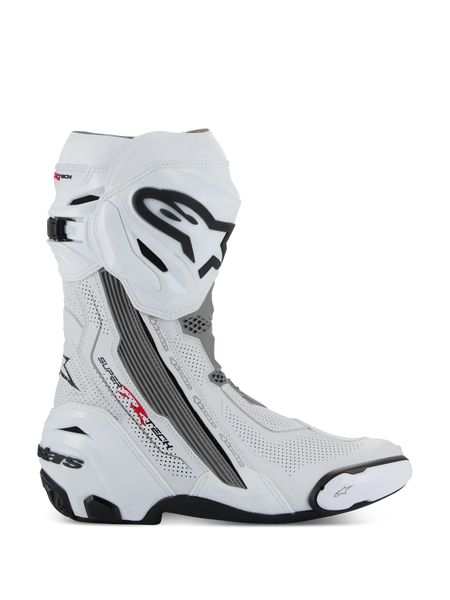 Alpinestars Supertech R Vented Boots, Motorcycle Racing Boots, White with Mid Gray and Black accents, side profile view showing perforated microfiber panels for airflow, large black and white Alpinestars logo on the shin, aerodynamic design with replaceable sliders and black rubber sole.