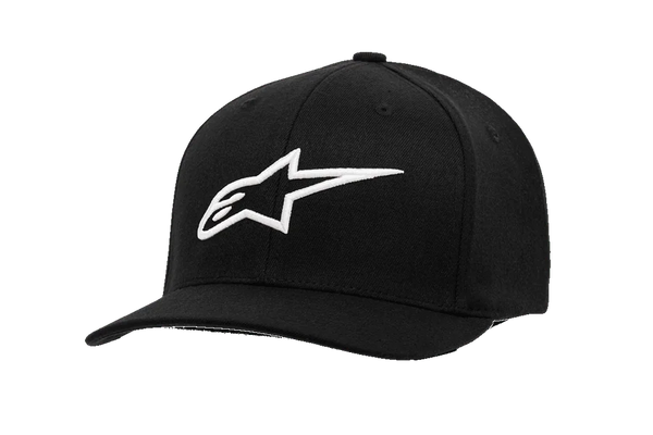 Alpinestars Ageless Curve Hat, Black Baseball Cap with White 3D Embroidered Star Logo, Curved Brim, Structured Crown, Twill Fabric, Casual Motorsport Sportswear