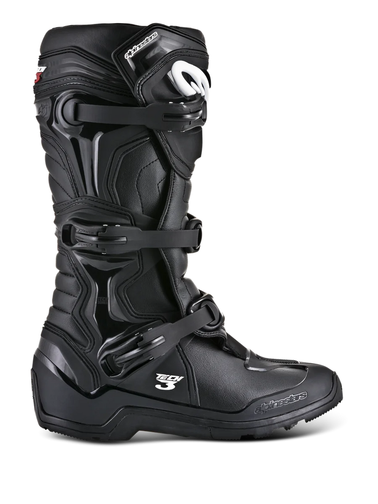 Alpinestars Tech 3 Enduro Boots, Black Off-Road Motorcycle Boots, side profile showing triple buckle closure system, reinforced TPU protection panels, high-traction lugged sole, and white Alpinestars branding.