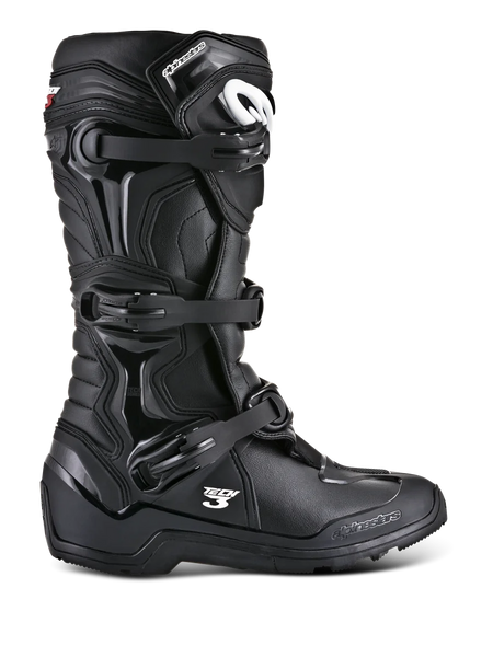 Alpinestars Tech 3 Enduro Boots, Black Off-Road Motorcycle Boots, side profile showing triple buckle closure system, reinforced TPU protection panels, high-traction lugged sole, and white Alpinestars branding.