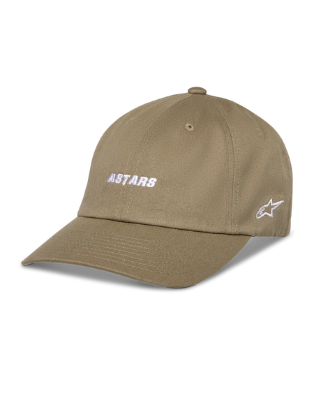 Alpinestars Deduce Strapback Hat, Khaki Baseball Cap, White ASTARS embroidery on front and side star logo, Curved Bill, Cotton Twill, Casual Sportswear