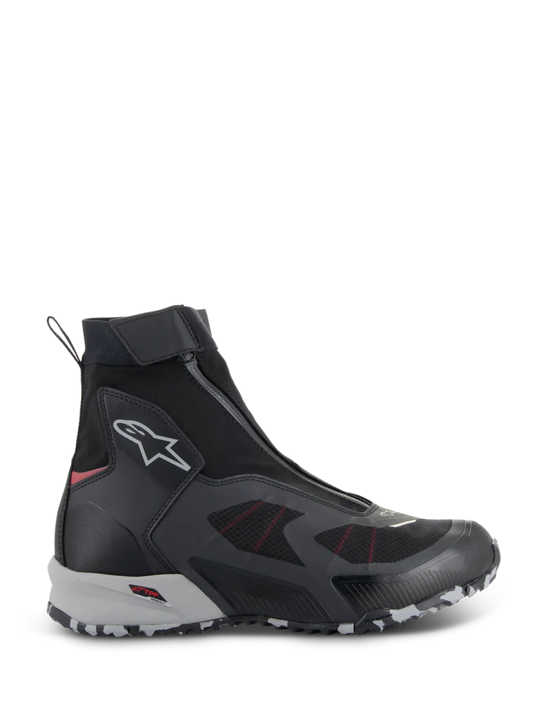 Alpinestars CR-8 GORE-TEX Shoes, Waterproof Motorcycle Riding Boots, Black and Mid Gray with Bright Red accents, high-top design with an angled front zipper, seamless textile construction, and a rugged gray and white marbled sole.