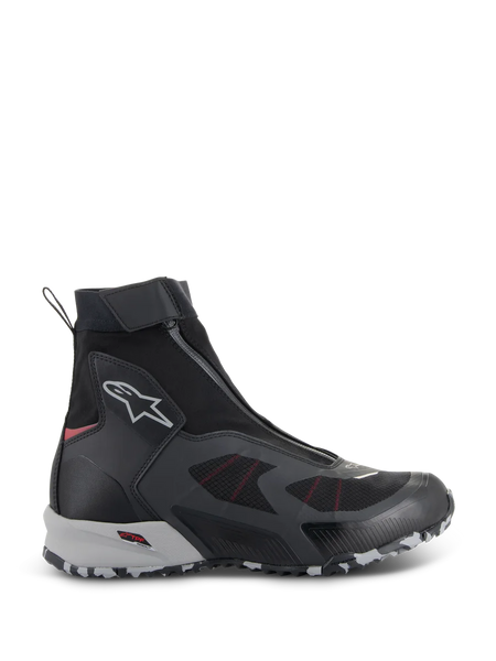Alpinestars CR-8 GORE-TEX Shoes, Waterproof Motorcycle Riding Boots, Black and Mid Gray with Bright Red accents, high-top design with an angled front zipper, seamless textile construction, and a rugged gray and white marbled sole.