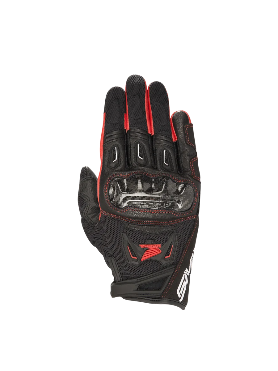 Alpinestars Honda SMX-2 Air Carbon V2 road gloves for men, black and red, with carbon knuckle guards and breathable mesh.