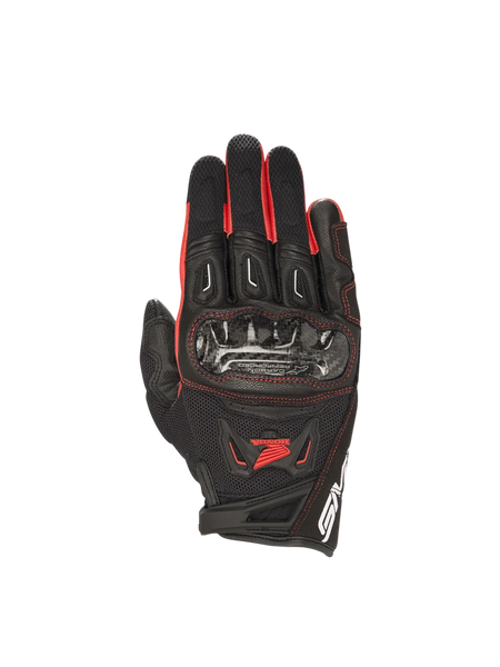 Alpinestars Honda SMX-2 Air Carbon V2 road gloves for men, black and red, with carbon knuckle guards and breathable mesh.