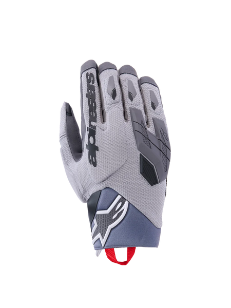 Alpinestars Durack Gloves, Motorcycle Gloves, Dark Gray and Mid Gray, Textured Spandex backhand, TPR knuckle protection, Alpinestars logo on wrist, red pull tab, modern adventure riding gear