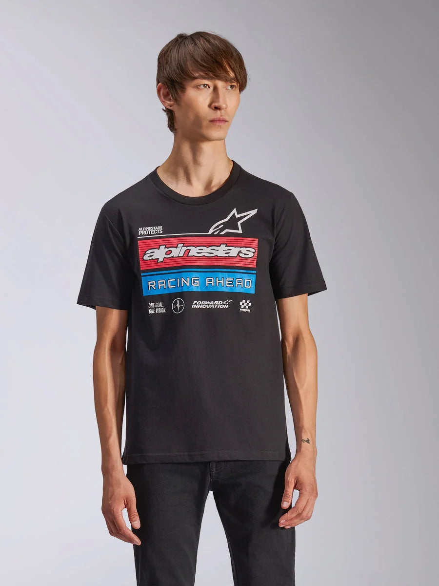 Alpinestars Harken CSF Tee, Short Sleeve T-Shirt, Black, featuring a large chest graphic with red and blue horizontal bars, 'alpinestars' and 'RACING AHEAD' text, and white star logo, casual motorsport streetwear