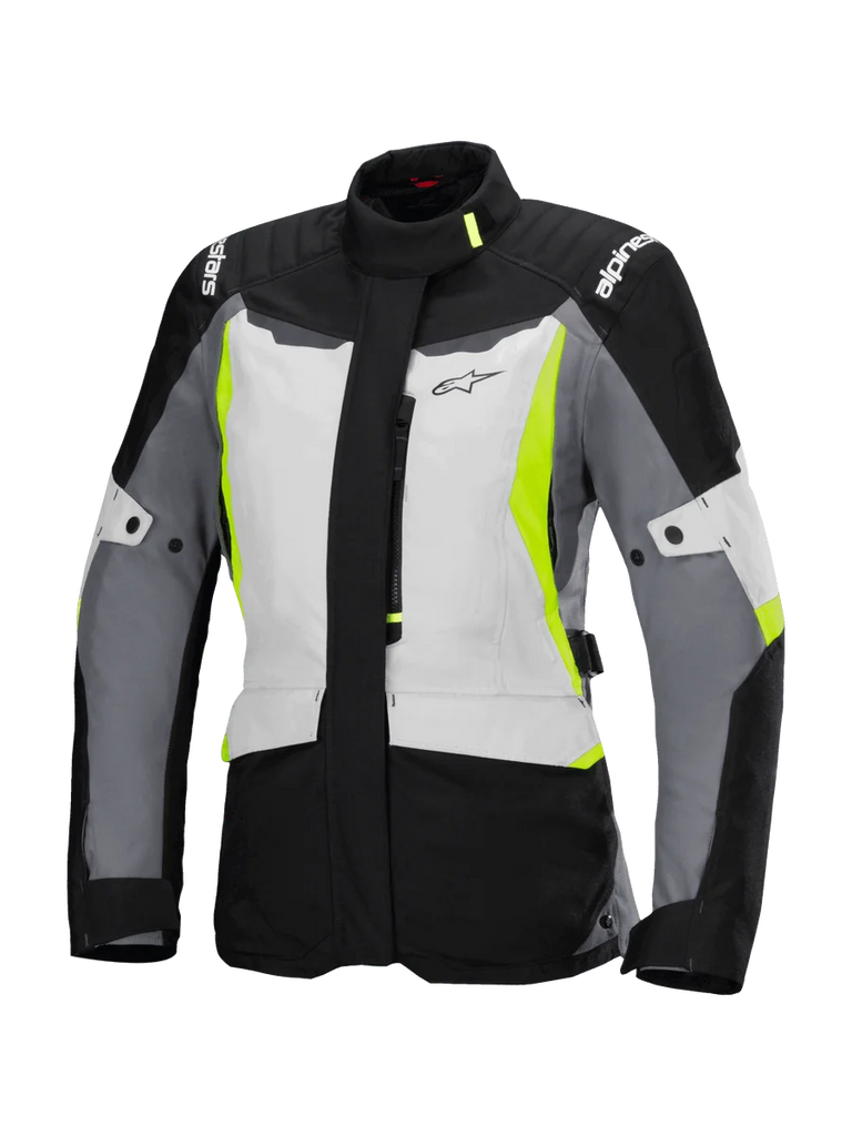 Alpinestars Stella ST-1 Waterproof Jacket, Women's Motorcycle Touring Jacket, Ice Gray, Black, and Fluorescent Yellow, featuring a high collar, front zipper, reinforced shoulders with branding, and adjustable waist straps, adventure touring-inspired design