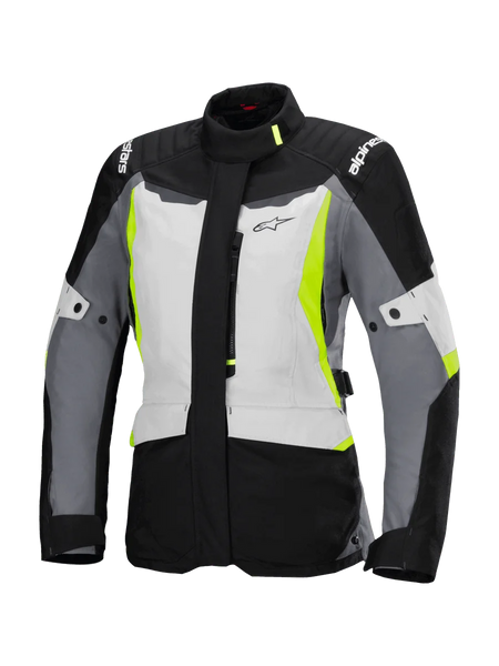 Alpinestars Stella ST-1 Waterproof Jacket, Women's Motorcycle Touring Jacket, Ice Gray, Black, and Fluorescent Yellow, featuring a high collar, front zipper, reinforced shoulders with branding, and adjustable waist straps, adventure touring-inspired design