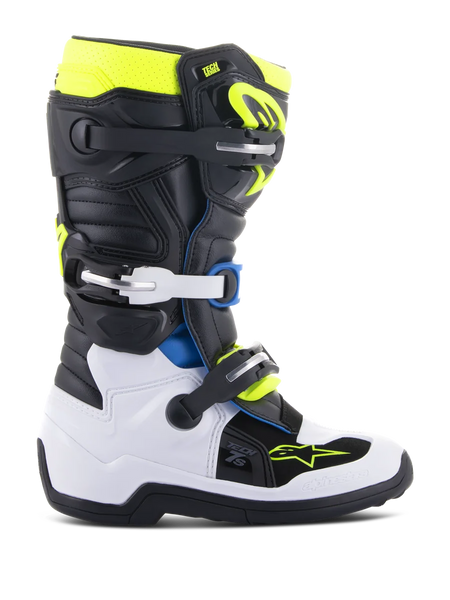 Alpinestars Youth Tech 7S Boots, Motocross Boots, Black Enamel Blue and Fluorescent Yellow, featuring a white lower foot shell, black upper with vibrant accents, buckle closure system, and durable off-road construction for junior riders