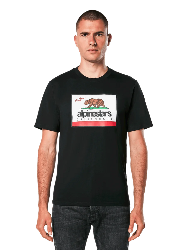 Alpinestars Cali 2.0 CSF Tee, Short Sleeve T-Shirt, Black, featuring a front Cali 2.0 graphic with a brown bear and Alpinestars California branding, casual motorsport streetwear
