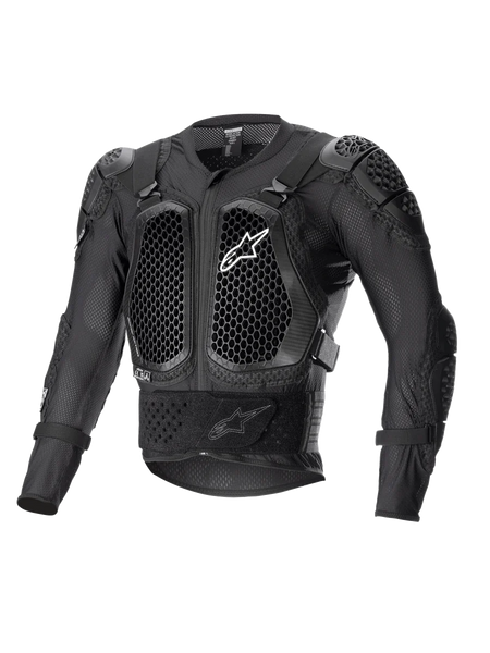 Alpinestars Bionic Action V2 Protection Jacket, Black, featuring honeycomb-patterned Cell Technology chest and elbow protectors, breathable mesh construction, white Alpinestars logo on the chest, off-road motorcycle protective gear