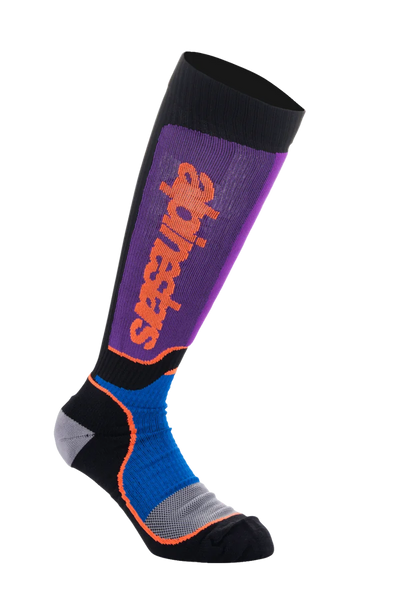 Alpinestars MX Plus Socks, Motocross Knee-High Socks, Black Royal Blue and Purple, featuring a purple ribbed leg with a vertical orange Alpinestars logo, royal blue mesh ankle panels with orange accents, and a gray-black reinforced foot, performance off-road riding gear