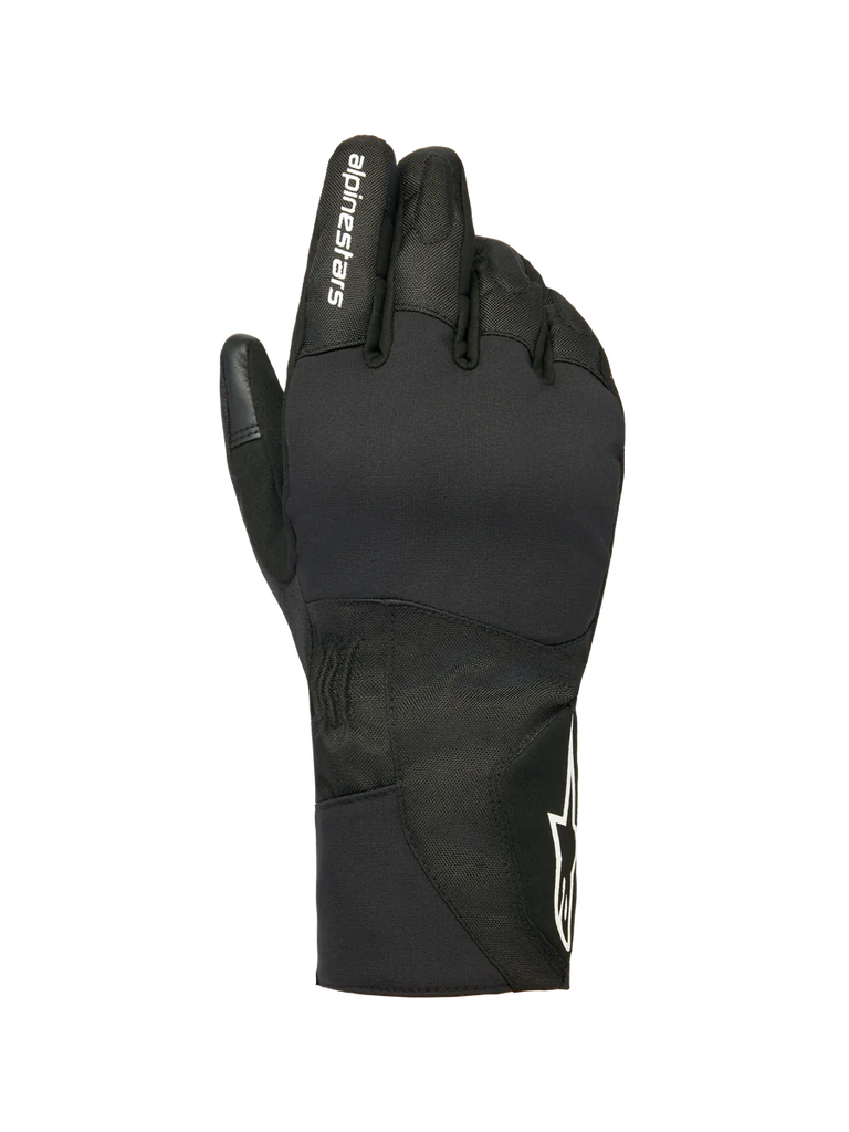 Alpinestars Stella WT-1 Drystar Insulated Gloves, Women's Motorcycle Winter Gloves, Black, white alpinestars branding on the index finger and star logo on the cuff, waterproof textile and suede construction for cold weather commuting