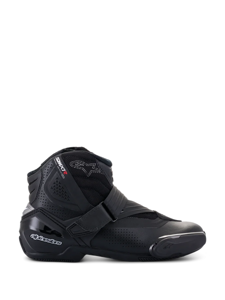 Alpinestars SMX-1 R V2 Vented Boots, low-cut black motorcycle shoes, side profile featuring perforated microfiber panels, TPU heel protection and toe slider, Velcro strap closure, sport road riding footwear