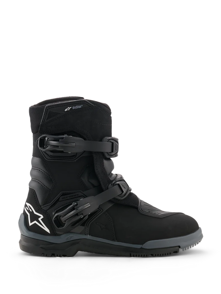Alpinestars Belize V2 Drystar® Boots, Black Motorcycle Boots, side profile view featuring two adjustable buckle closures, white Alpinestars star logo on the heel, rugged off-road sole, and waterproof design for adventure riding