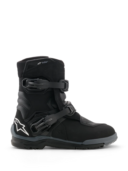 Alpinestars Belize V2 Drystar® Boots, Black Motorcycle Boots, side profile view featuring two adjustable buckle closures, white Alpinestars star logo on the heel, rugged off-road sole, and waterproof design for adventure riding