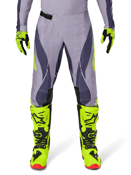 Alpinestars 2025 Techstar Dreem Pants, Motocross Pants, Light Gray and Dark Gray with neon yellow accents, paired with neon yellow boots and gloves, laser-cut ventilation, black buckles, red boot soles, professional motocross gear