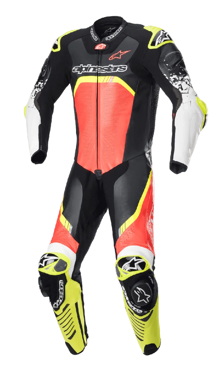 Alpinestars GP Tech V4 Leather Suit, One-Piece Motorcycle Racing Suit, Black with Fluo Red and Fluo Yellow accents, white forearms, featuring perforated leather panels, aerodynamic back hump, and integrated knee sliders, professional-grade protection for track riding