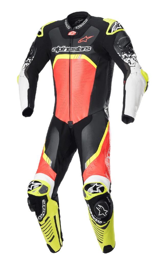 Alpinestars GP Tech V4 Leather Suit, One-Piece Motorcycle Racing Suit, Black with Fluo Red and Fluo Yellow accents, white forearms, featuring perforated leather panels, aerodynamic back hump, and integrated knee sliders, professional-grade protection for track riding
