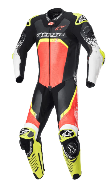Alpinestars GP Tech V4 Leather Suit, One-Piece Motorcycle Racing Suit, Black with Fluo Red and Fluo Yellow accents, white forearms, featuring perforated leather panels, aerodynamic back hump, and integrated knee sliders, professional-grade protection for track riding
