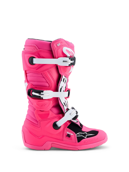 Alpinestars Youth Tech 7S Boots, pink and white youth motocross boots with synthetic TPU protection.