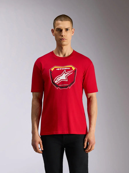 Alpinestars Plate CSF Tee, Short Sleeve T-Shirt, Red, Front Astars MX plate graphic with white star logo and "Racing Ahead" text, Casual Motorsport Streetwear