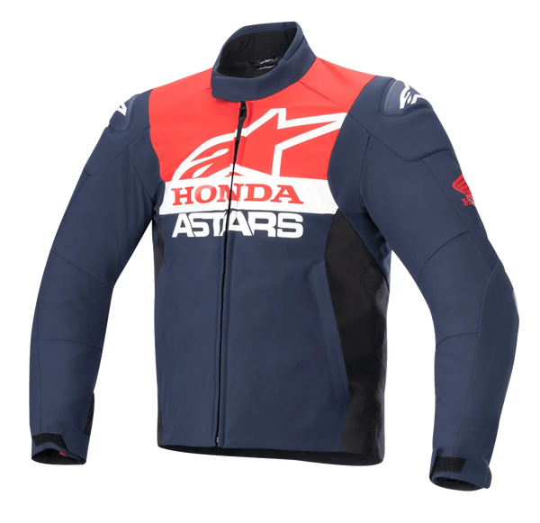 Alpinestars Honda SMX Waterproof Softshell Jacket, Motorcycle Jacket, Night Navy, Black, and Bright Red, featuring white Alpinestars and Honda branding on the chest, high collar, front zipper, and sleek water-resistant textile material