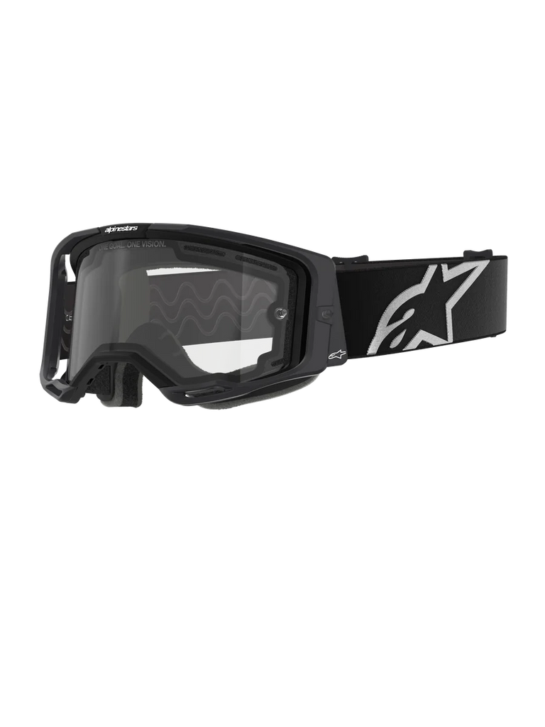 Alpinestars Vision 8 Corp Goggles - Dual Pane, Motocross Goggles, Black frame with a clear dual-pane lens, wide black strap featuring a prominent white Alpinestars star logo, sleek performance design with ventilation ports for off-road racing.
