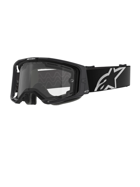 Alpinestars Vision 8 Corp Goggles - Dual Pane, Motocross Goggles, Black frame with a clear dual-pane lens, wide black strap featuring a prominent white Alpinestars star logo, sleek performance design with ventilation ports for off-road racing.