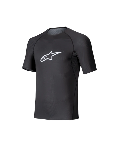 Alpinestars Tech KX Sim Top, Short Sleeve Karting Base Layer, Black with white Astars logo on the chest, breathable stretch mesh construction, ergonomic fit for karting and sim racing